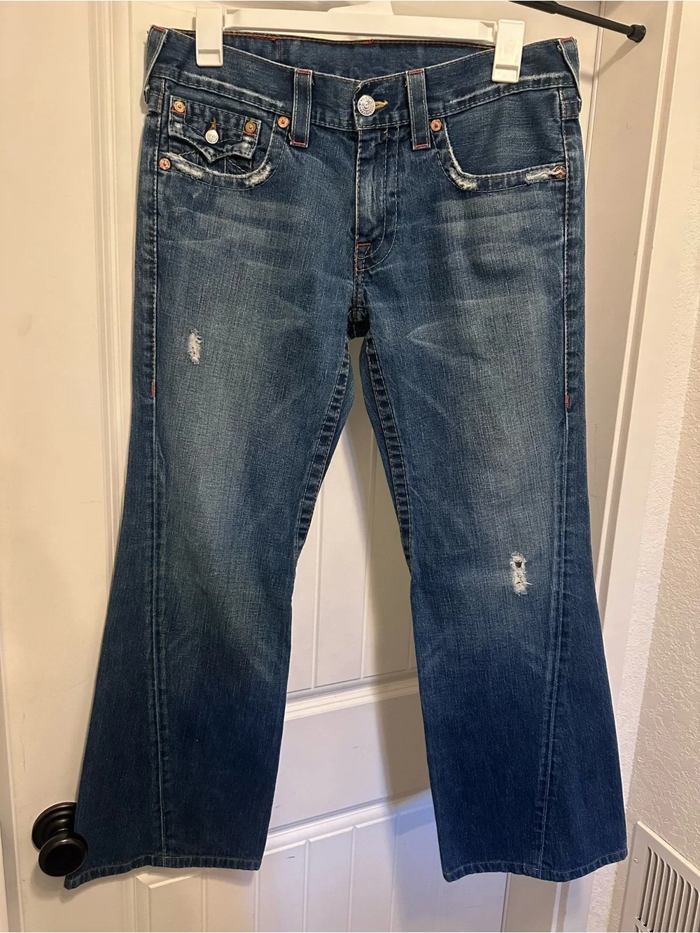 True Religion Men's Joey Jeans in Distressed Blue with Yellow Stitching